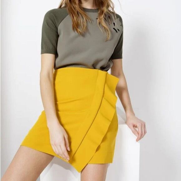 Cop .Copine Baryta Mustard Ruffle Wrap Mini Skirt. Size Medium (38) EUC! - Picture 1 of 9